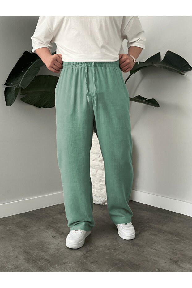 Men's Green Summer Muslin Linen Cotton Fabric Relaxed Fit Pantalon