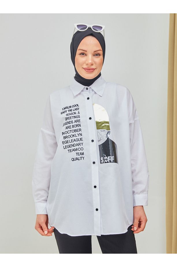 Nakış Ve Taş Baskılı Tunik - Beyaz - SAHRA BUTİK - 2