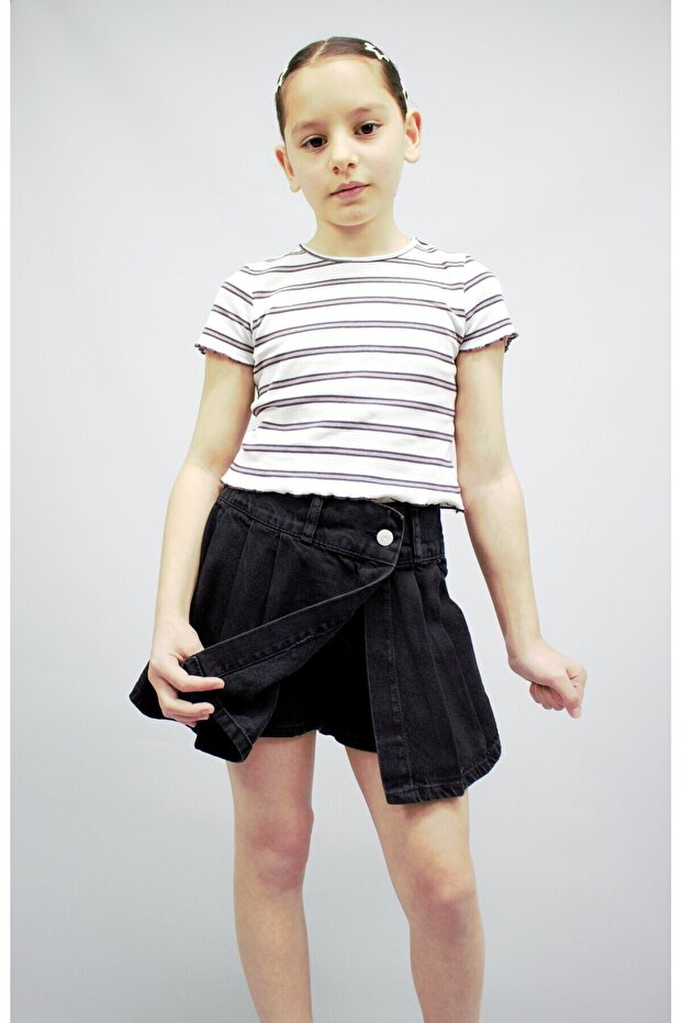 SİYAH DENİM PİLELİ ŞORT ETEK - 2