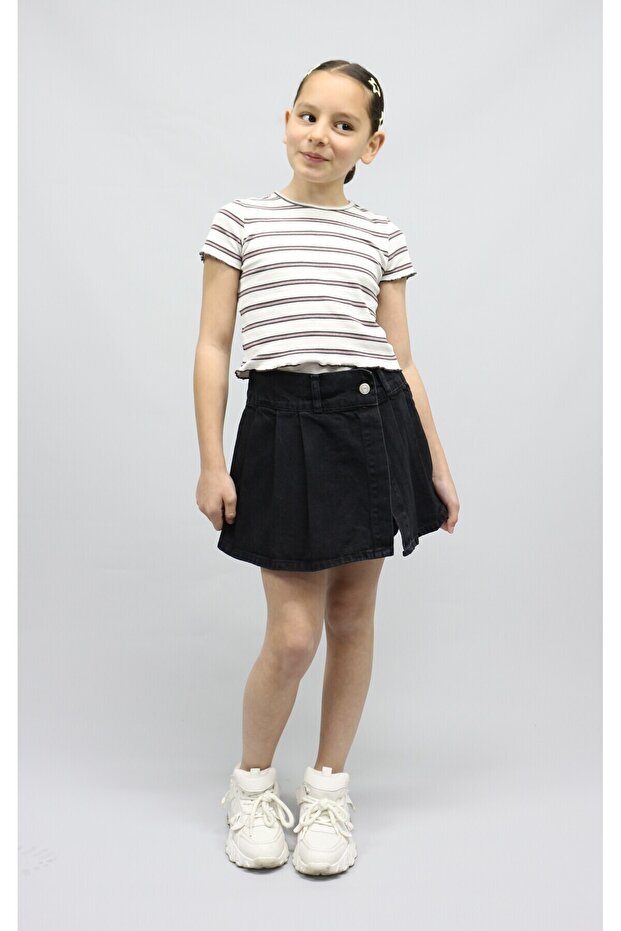 SİYAH DENİM PİLELİ ŞORT ETEK - 5