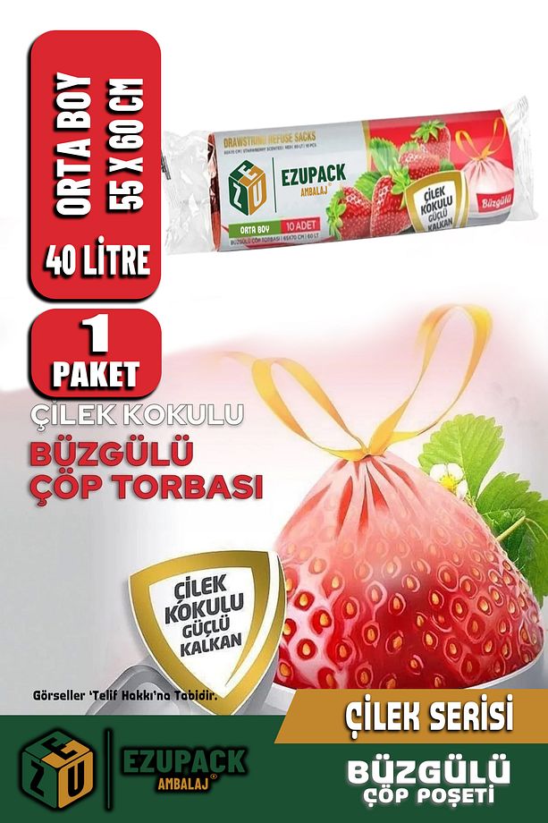 40 Lt ( 1 PAKET ) Avantaj Paket Orta Boy Çilek Kokulu Büzgülü Çöp Poşeti Çöp Torbası 10 Adet - 2