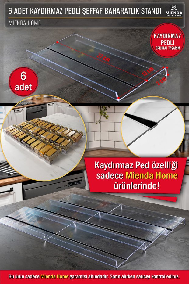 6 Pieces Transparent Spice Rack Stand with Anti-Slip Pads – 27X13 cm Size Organizer - Mhydkplx6