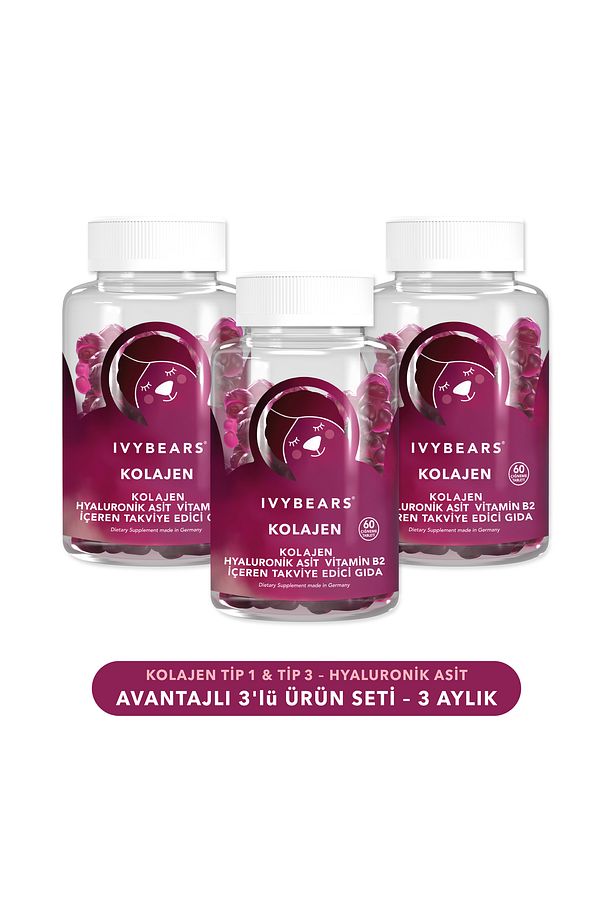 Çiğnenebilir Kolajen Vitamin 3´lü Set, Tip 1, Tip 3, Hyaluronik Asit, Vitamin B2, 180 adet,90 günlük - 1