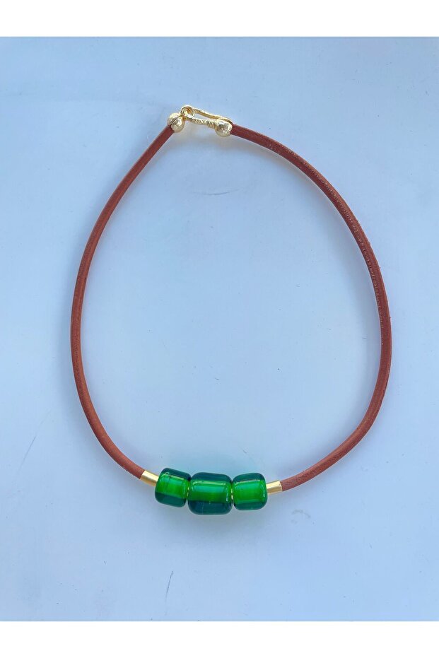 Green Murano Bead Leather Necklace Gold Non-Tarnish Apparats