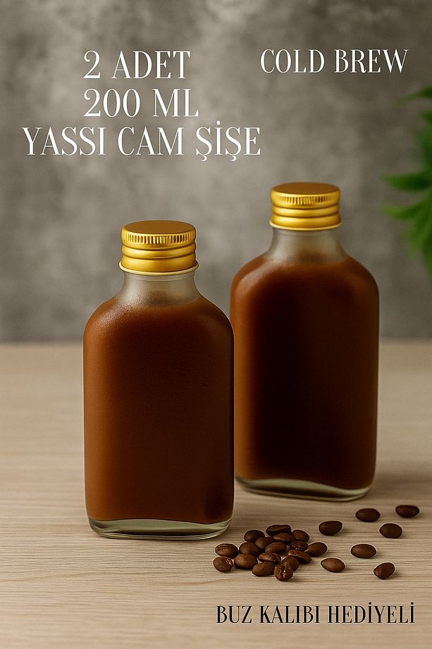 2 Adet Şeffaf Cold Brew Metal Gold Kapaklı Soğuk Kahve Yassı Cam Şişe 200 ml ve Çubuk Buz Kalıbı - 1