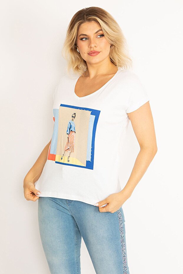 Women's Large Size White Cotton Fabric Front Printed V-Neck Blouse 65n34719 - 6