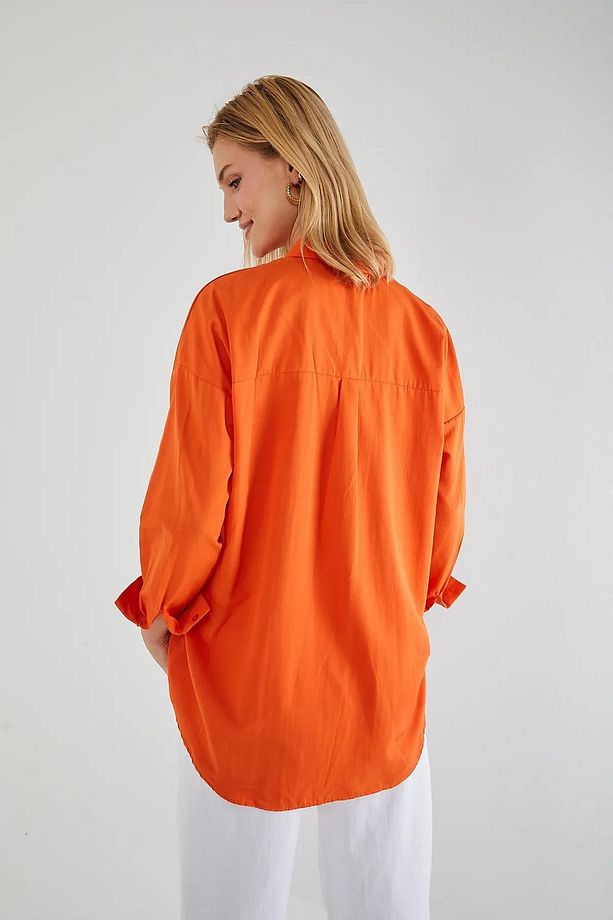 4053 Kadın Tek Cepli Oversize Basic Gömlek Oranj - 4