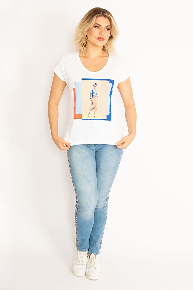 Women's Large Size White Cotton Fabric Front Printed V-Neck Blouse 65n34719 - 4