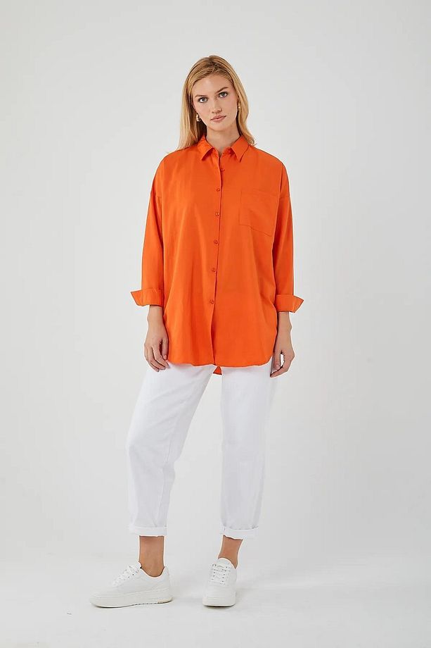 4053 Kadın Tek Cepli Oversize Basic Gömlek Oranj - 1