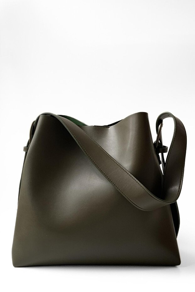 Nomu Buckle Detailed Khaki Large Size Women's Shopper Bag