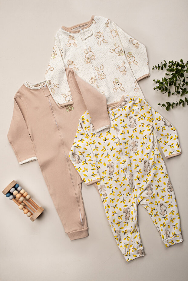 Printed Cotton Cuffed 3-Piece Romper Set Colorful Patterned 9-12-18 Months Baby Clothes