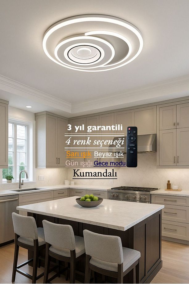 Lucent Modern Plafonyer Tavana Sıfır 3Renk+Gece Işık Modu, Kumandalı, Salon Mutfak Hol Led Avize - 3