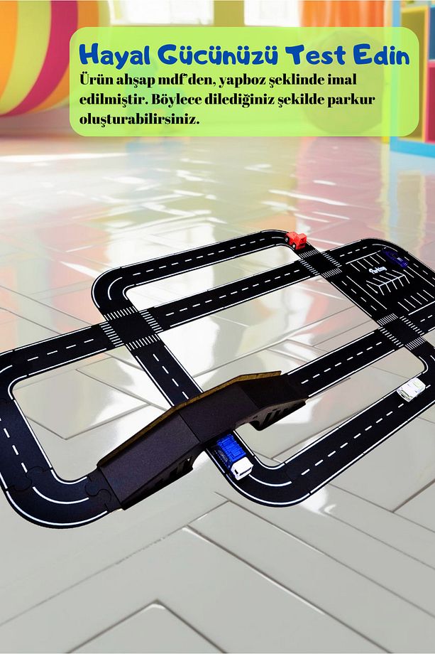 Oyuncak Araba Yarış Pisti, Araç Parkuru (LARGE) - Eğitici Yol Seti Ahşap Oyuncak- Otoban Puzzle - 7