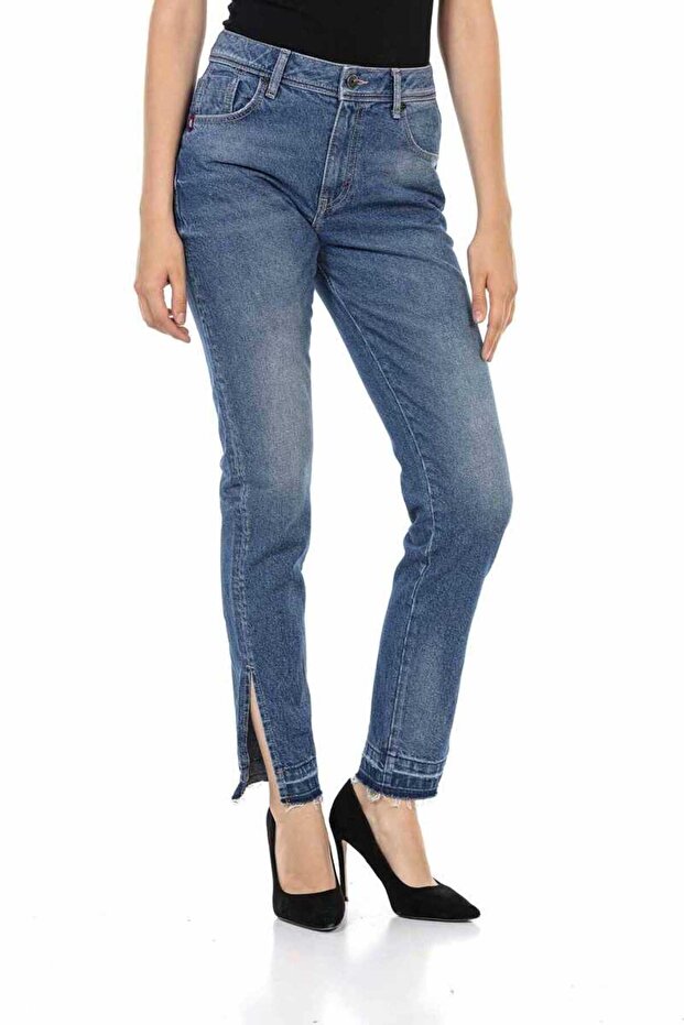 Wd449 Slit Basic Blue Mom Jeans