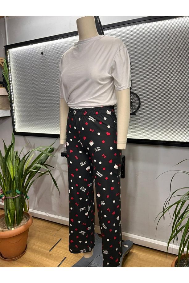 N Siyah Kitty Cat Oversize Bol Paça Pijama Altı Eşofman - 3