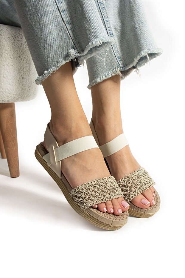 Bej Hasır Örgü Lastikli Sandalet - 3