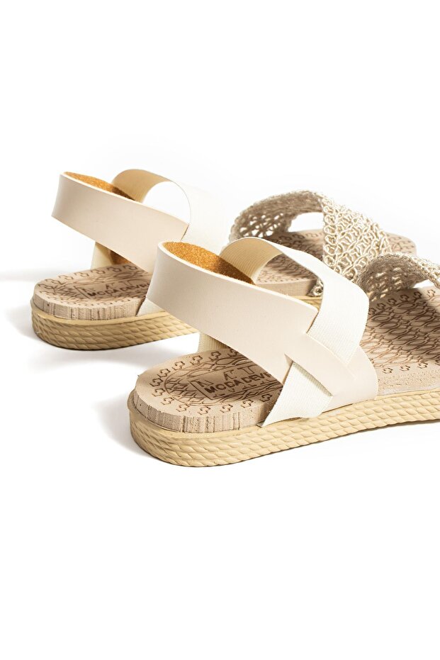 Bej Hasır Örgü Lastikli Sandalet - 9