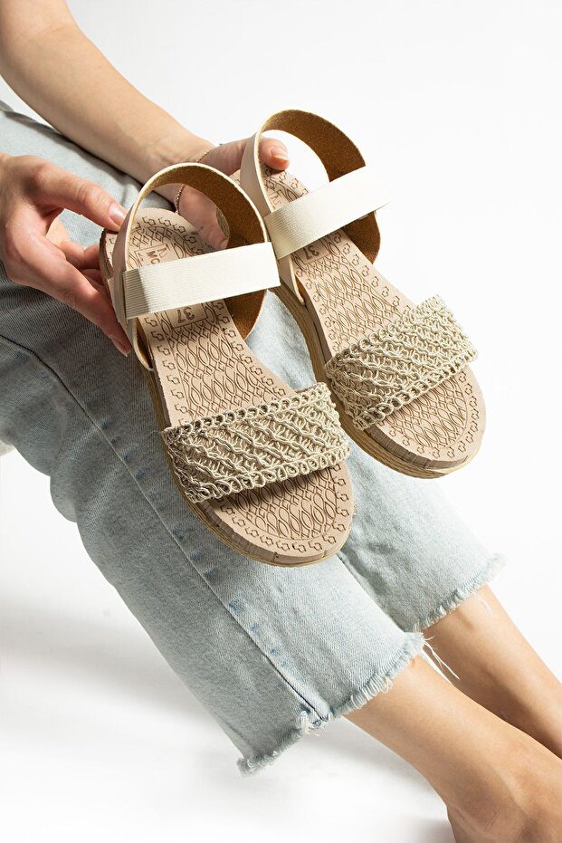 Bej Hasır Örgü Lastikli Sandalet - 6