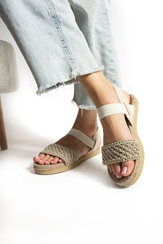 Bej Hasır Örgü Lastikli Sandalet - 5