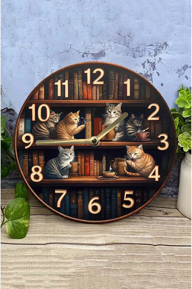 Sessiz Yuvarlak Ahşap Duvar Saati, Kuvars Hareketli 2d Kedi Desen Sdw018 - 4