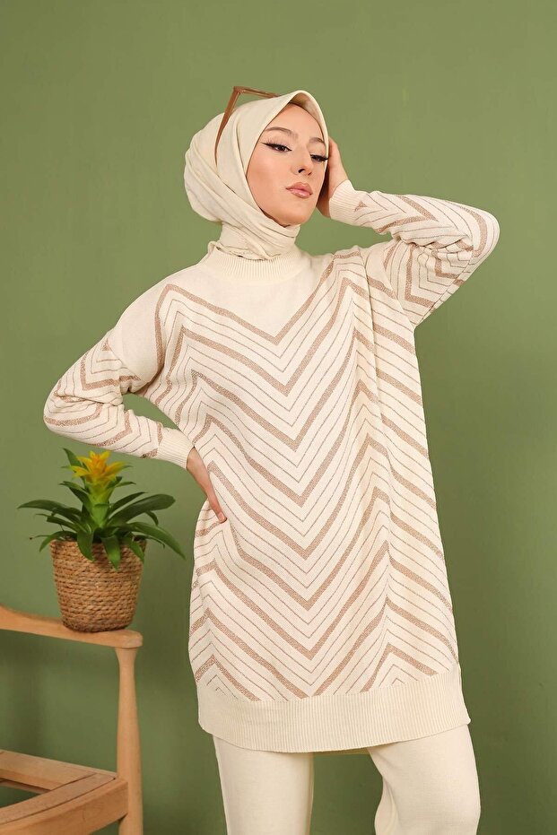 Simli Zigzak Triko Tunik Ve Pantolon Takım - 6