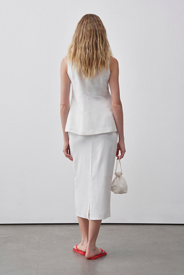 Kadın Beyaz Cep Detaylı Keten Yelek - 4