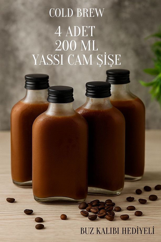 4 Adet Şeffaf Cold Brew Siyah Kapaklı Soğuk Kahve Yassı Cam Şişe 200 ml ve Çubuk Buz Kalıbı - 1