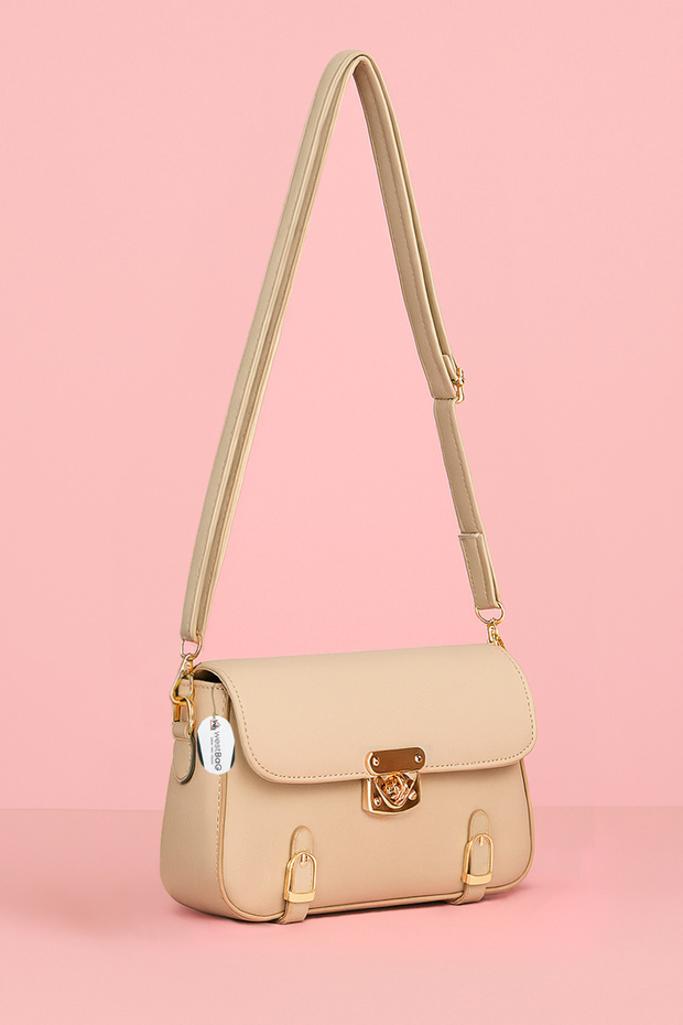 Women's Lock Detailed Cross Strap Hand and Shoulder Bag Cream Small Size