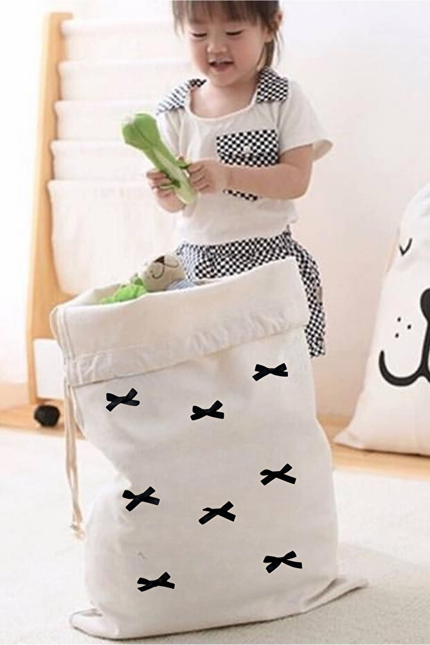 100% Cotton Linen Toy Bag with Bow – 50X70 cm | Large Cloth Storage Bag with Natural Fabric