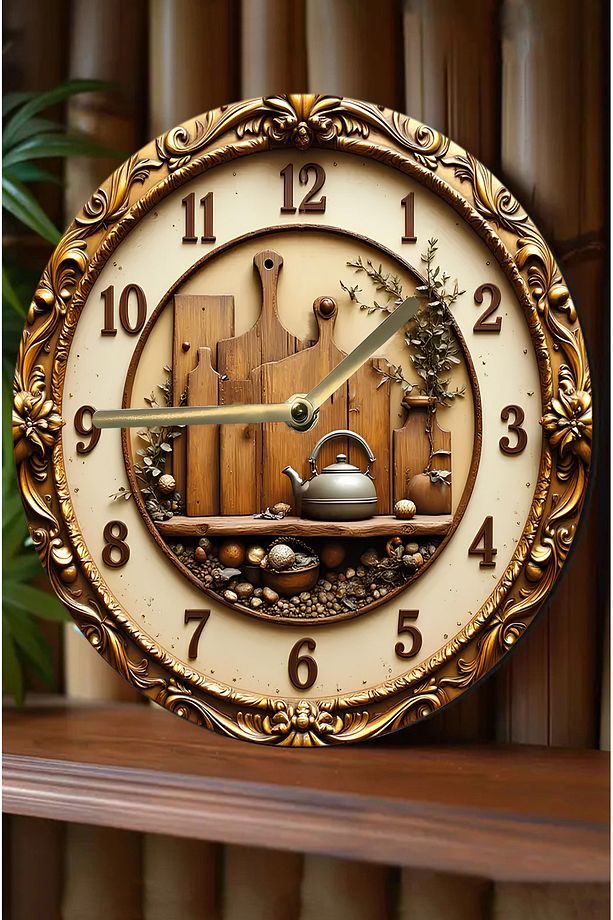 🕰️ Klasik Mutfak Temalı MDF Duvar Saati – 33 cm | 3D Görünümlü UV Baskı SDW351 - 1