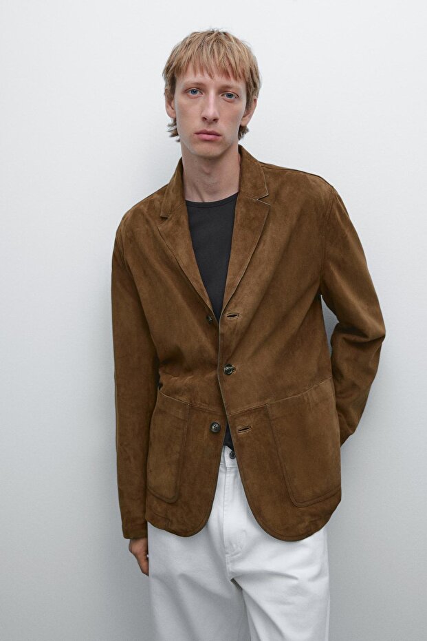 Dikişli süet deri blazer - 2