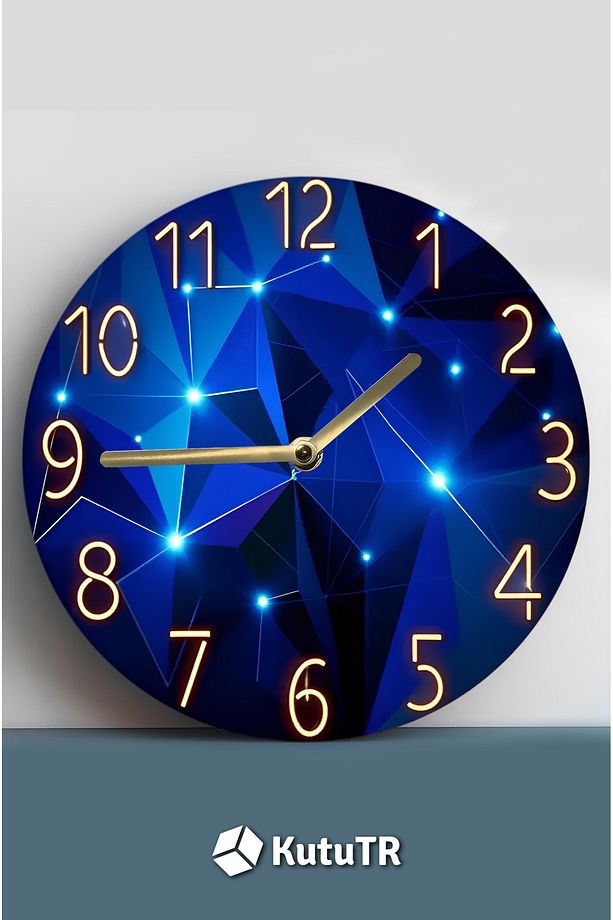💎 Mavi Geometrik Taş Desenli 3D Görünümlü MDF Duvar Saati – | Modern & Işıltılı Tasarım sdw304 - 3