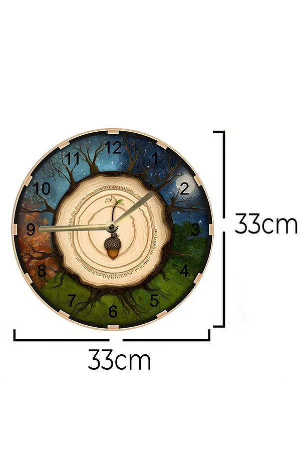 🌳 Meşe Palamudu & Dört Mevsim Temalı 3D Görünümlü MDF Duvar Saati – 33 cm sdw314 - 6