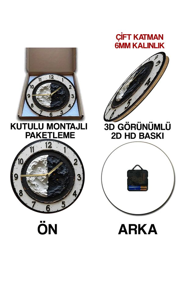 🌓 Ay Yüzeyi Tasarımlı 3D Görünümlü MDF Duvar Saati (33 cm) sdw300 - 7