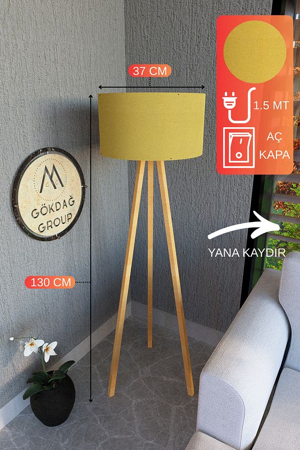 3 Ayaklı MEGA BOY Tripod Lambader Abajur Hardal Kumaş Başlık - 1
