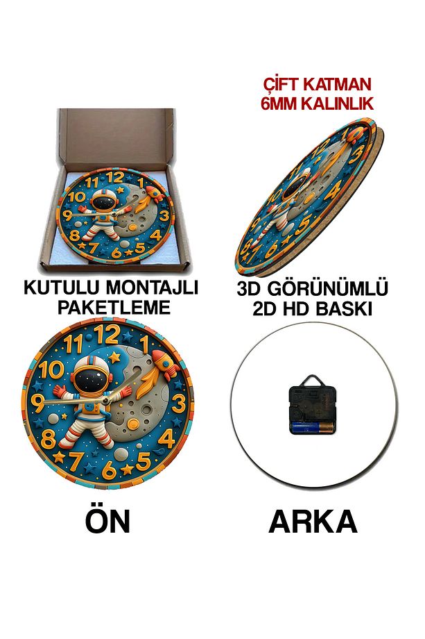Astronot ve Ay Temalı MDF Çocuk Duvar Saati – 3D Görünümlü, 2D HD Baskı, Sessiz Mekanizma sdw239 - 7