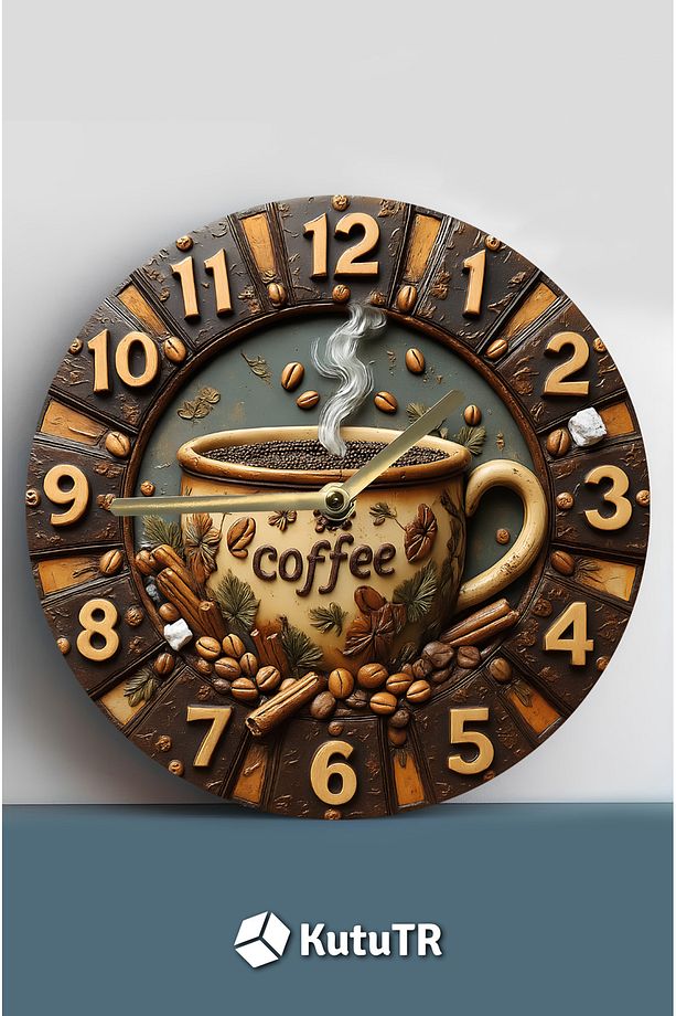Coffee Time – Kahve Temalı MDF Duvar Saati | 3D Görünümlü Sessiz Mekanizma Sdw223 - 3
