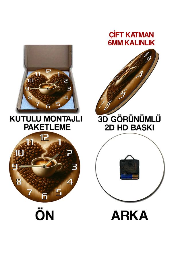 Sessiz Yuvarlak Ahşap Duvar Saati, Kuvars Coffe Desen 2d Sdw2021 - 6