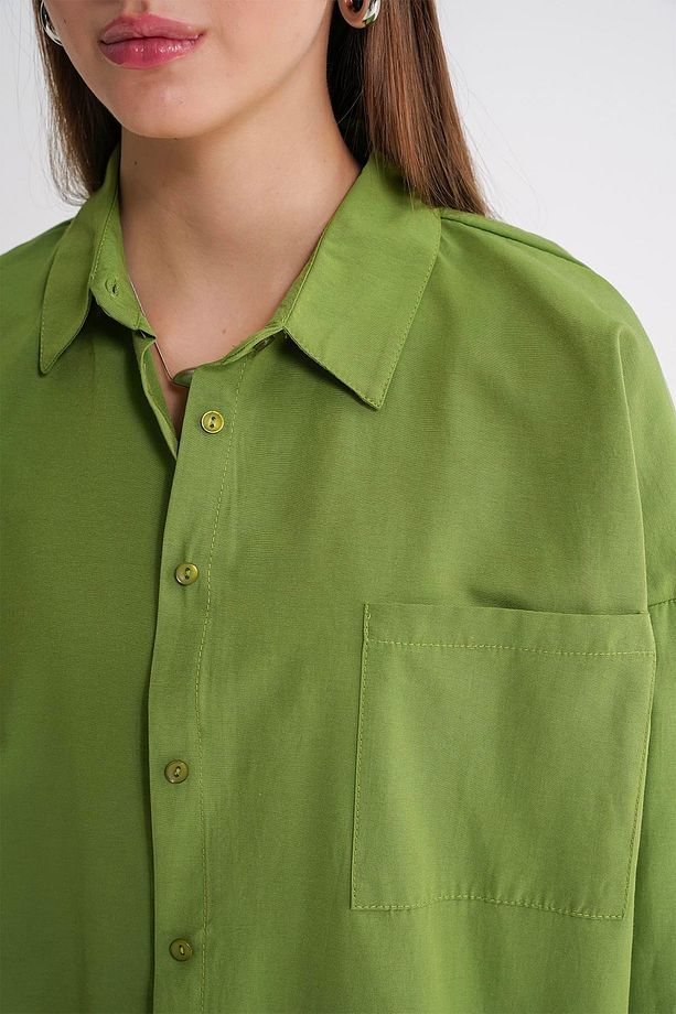 4053 Kadın Tek Cepli Oversize Basic Gömlek Yeşil - 5