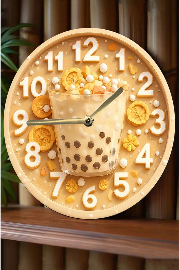 Zamanın Tadı – Bubble Tea Temalı Sessiz Yuvarlak Ahşap Duvar Saati, Kuvars Coffe Desen 2d Sdw2014 - 1