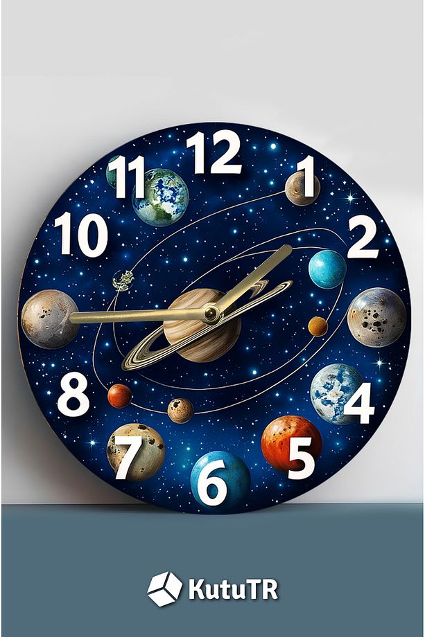 Gezegen Temalı MDF Duvar Saati – 33 cm, 3D Görünümlü, 2D HD Baskı, Sessiz Mekanizma sdw234 - 1