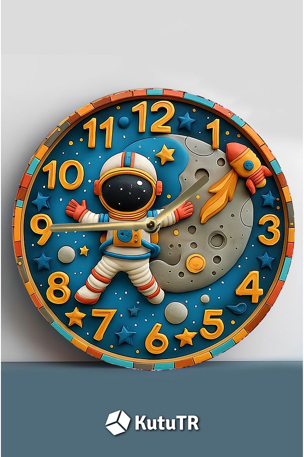 Astronot ve Ay Temalı MDF Çocuk Duvar Saati – 3D Görünümlü, 2D HD Baskı, Sessiz Mekanizma sdw239 - 3