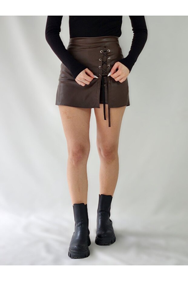 BAĞCIKLI KAHVE  DERİ ŞORT ETEK - 4