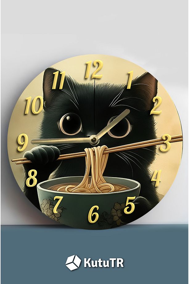 NoodleCat – Sevimli Siyah Kedili 3D Görünümlü MDF Duvar Saati sdw228 - 3