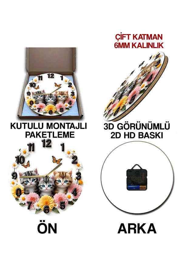 Sevimli Kedili MDF Duvar Saati – 3D Görünümlü, 2D HD Baskı, 33 cm 3D Görünümlü sdw231 - 7