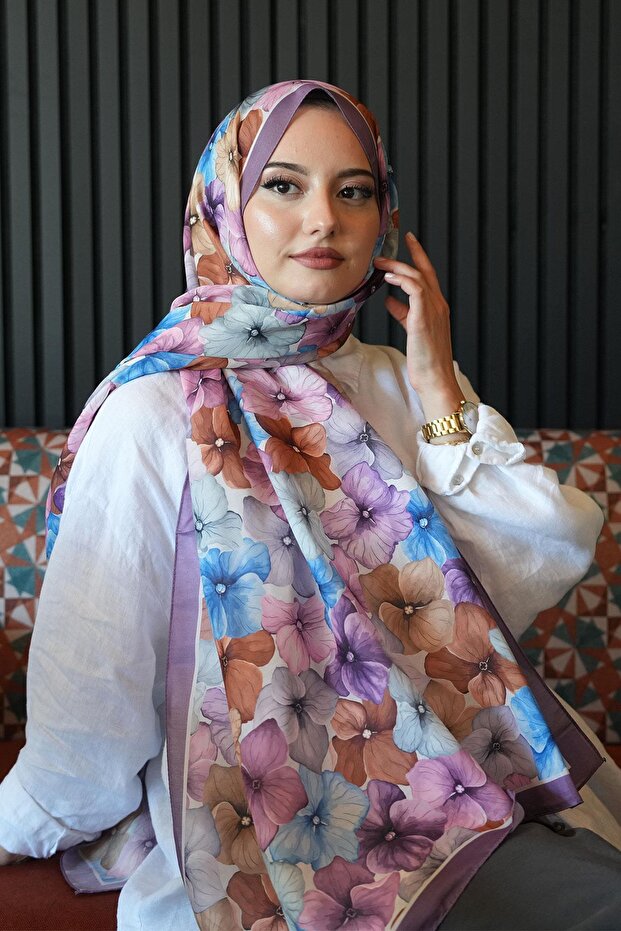 Hydrangea Flower Pattern Lavender Soft Cotton Shawl - 3