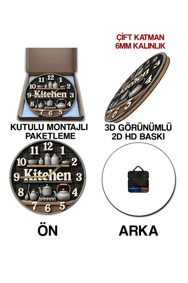Sessiz Yuvarlak Ahşap Duvar Saati, Kuvars Hareketli 3d Görünümlü 2d Saat MUTFAK SERİSİ - 6