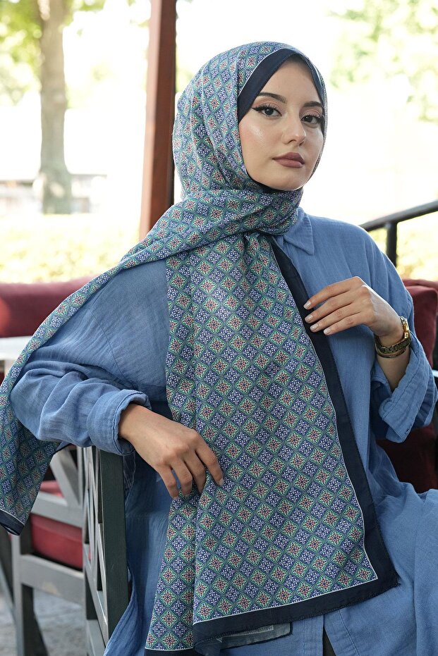 Mosaic Pattern Navy Blue Soft Cotton Shawl - 4