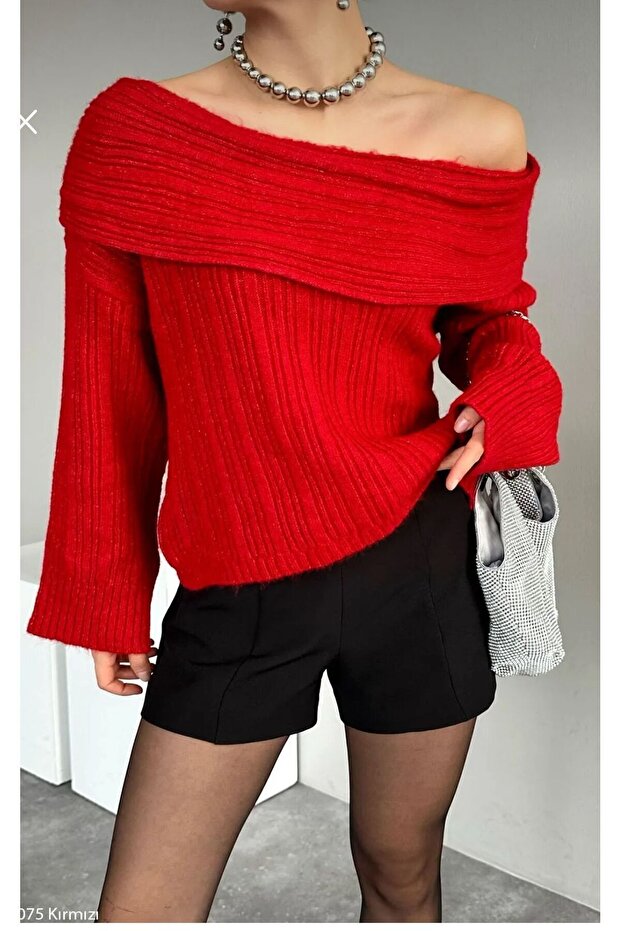 Women's Smoked Degaje Collar Open Shoulder Ribbed Fold Detailed Sweater