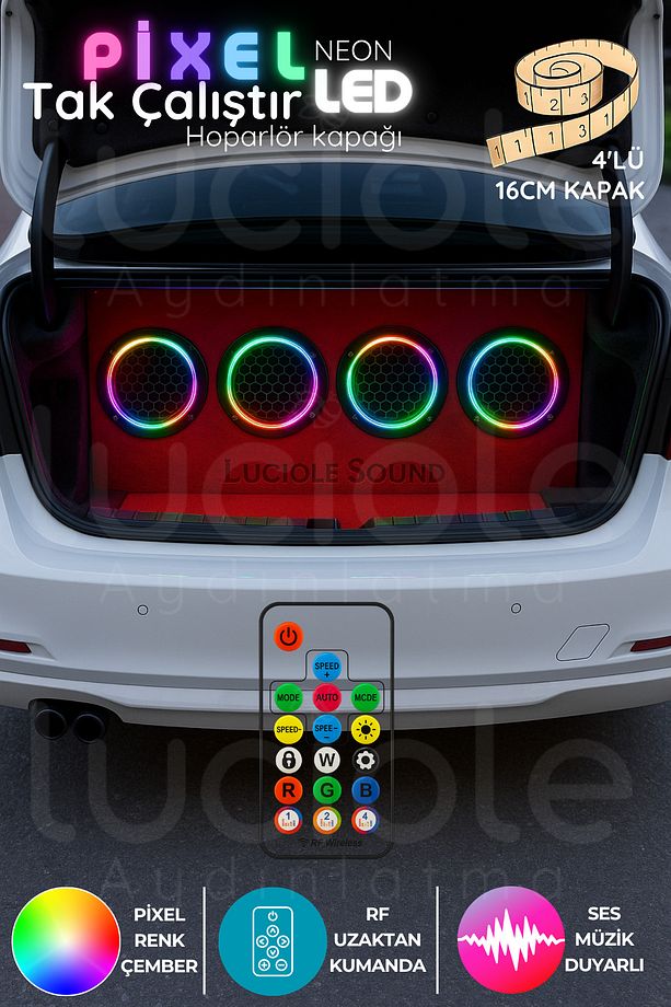 16 Cm Neon Pixel Led Midrange Hoparlör Kapağı – Sese Duyarlı, Rf Kumandalı, Argb Işık, 4'lü Set 12v - 1